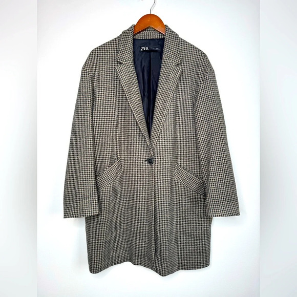 Zara Micro Check Cotton Blend Houndstooth One Button Longline Car Coat Blazer - Picture 1 of 10